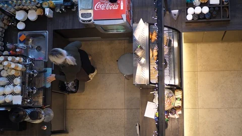Macro view of a coffee shop. Vendor preparing coffeeshop for a workday Stockbeeldmateriaal 126905147