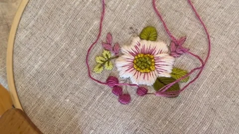 Macro view of colorful embroidery thread and stitches Stock Footage 334375844