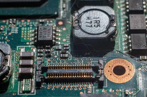 Macro View of Computer Motherboard Circuitry and Electronic Components Stock Photos