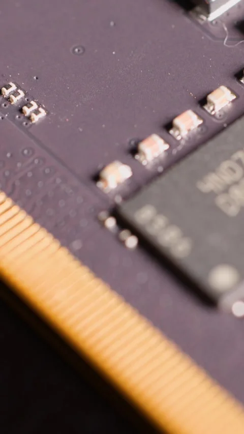 Macro View of Computer RAM Module with Integrated Circuits and Microchips Stock Footage 327107621