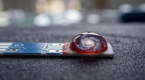 Macro view of cosmic galaxy within blood drop on medical sensor strip for h.. Stock Photos