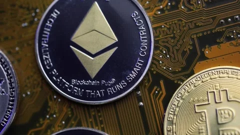 Macro view of Crypto Coins while rotating. 4K Video Stock-Footage 166442666