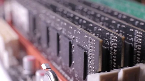 Macro view of DDR3 memory modules on the motherboard, slider Stock-Footage 106999195