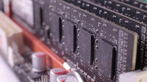 Macro view of DDR3 memory modules on the motherboard, slider 库存影片 106999287