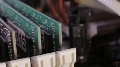 Macro view of DDR3 memory modules on the motherboard, slider 库存影片 106999356