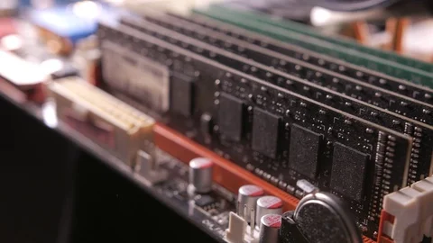 Macro view of DDR3 memory modules on the motherboard, slider 스톡 동영상 107003215