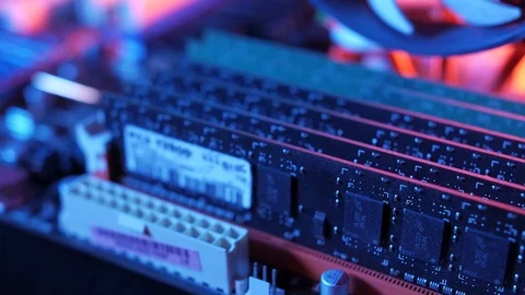 Macro view of DDR3 memory modules on the motherboard, slider Stock Footage 107003963