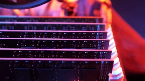 Macro view of DDR3 memory modules on the motherboard, slider 스톡 동영상 107003983