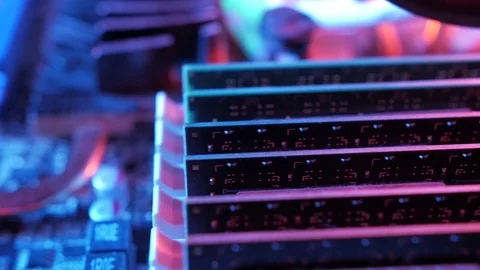 Macro view of DDR3 memory modules on the motherboard, slider Stock-Footage 107004055