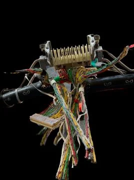 Macro view display of  professional splicing of colorful fiber optic Internet ca Stock Photos