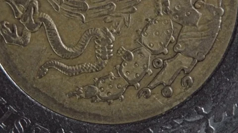 Macro View of Eagle and Snake Engraving on Coin Surface with Metallic Detail Stock Footage 339755997