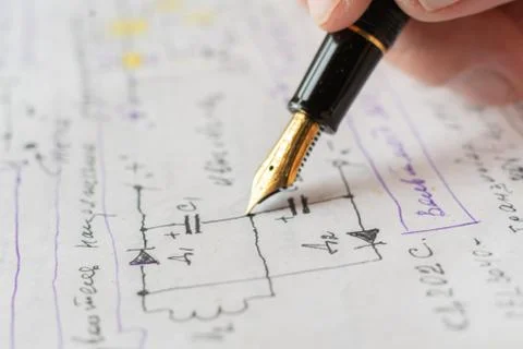 Macro view of engineer planing the electrical circuit on papers Foto stock