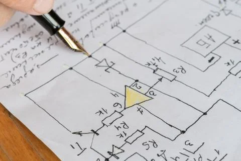 Macro view of engineer planing the electrical circuit on papers Stock Photos