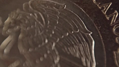 Macro View of Engraved Eagle Design on Coin Surface with Metallic Texture Stock Footage 338411695
