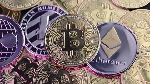 Macro view of Ethereum, Bitcoin, Litecoin and Ripple Stock Footage 166442375