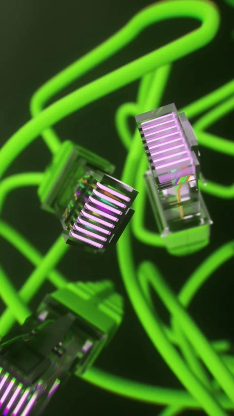 Macro View of Ethernet Connectors With Neon Green Network Cables Stock Footage 337565172