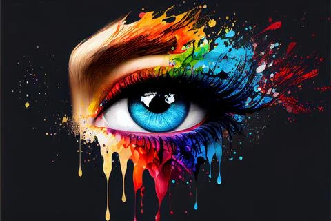 Macro view of a female eye surrounded by colored colorful splashes. AI gene.. Stock Illustration