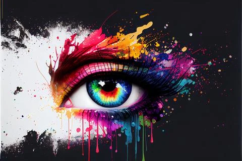 Macro view of a female eye surrounded by colored colorful splashes. AI gene.. Stock Illustration