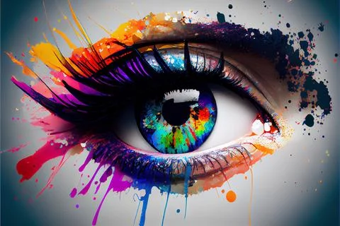 Macro view of a female eye surrounded by colored colorful splashes. AI gene.. Stock Illustration