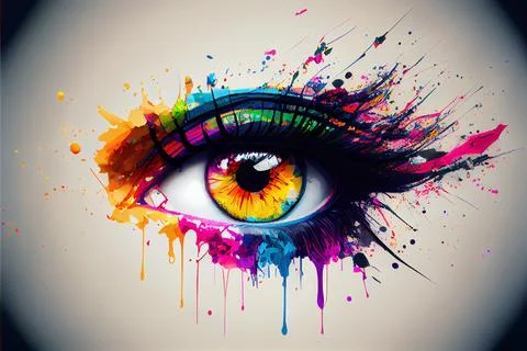 Macro view of a female eye surrounded by colored colorful splashes. AI gene.. Иллюстрация