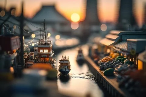 Macro View From the fish market in Tiny Little Town City before Sunset Time Stock Illustration