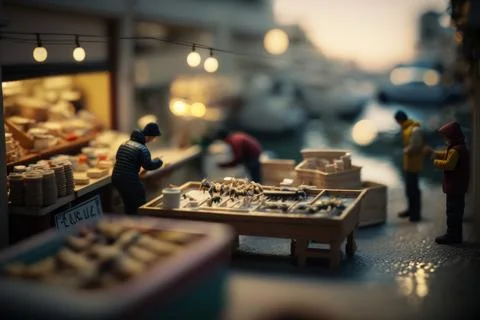 Macro View From the fish market in Tiny Little Town City before Sunset Time Stock Illustration