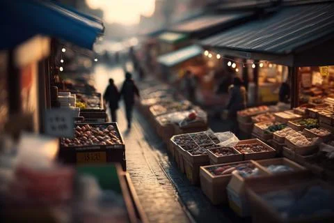Macro View From the fish market in Tiny Little Town City before Sunset Time Stock Illustration