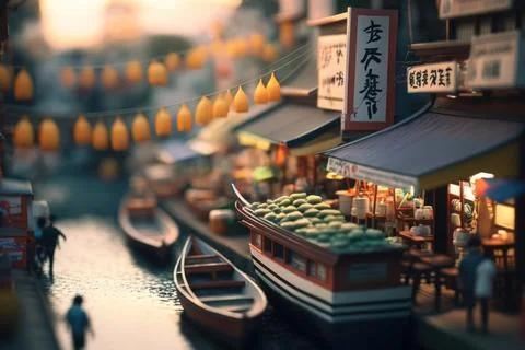 Macro View From the fish market in Tiny Little Town City before Sunset Time Stock Illustration