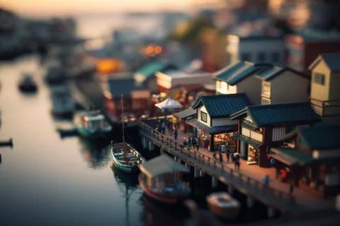Macro View From the fish market in Tiny Little Town City before Sunset Time Stock Illustration