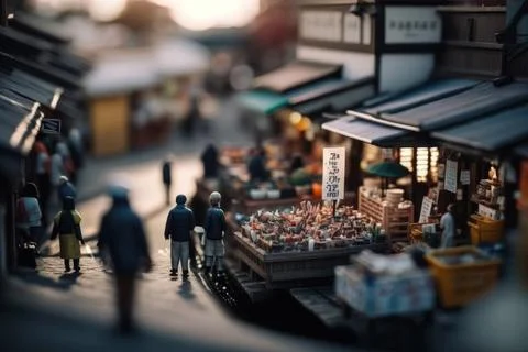 Macro View From the fish market in Tiny Little Town City before Sunset Time Stock Illustration