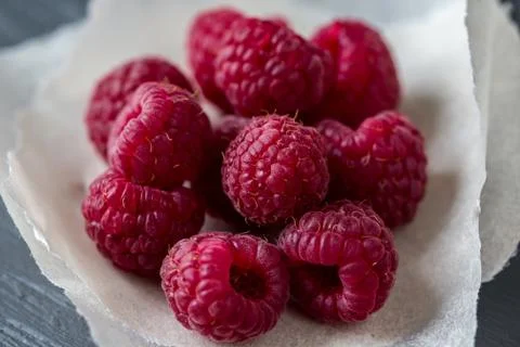 Macro view for fresh raspberry pile. Healthy antioxidant food Stock Photos