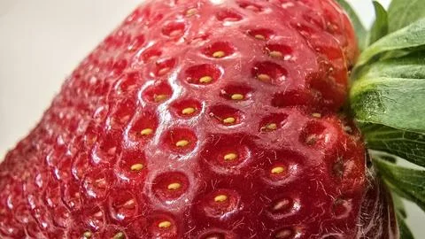  Macro view of a fresh red strawberry showing textured skin and green leaves Stock Photos