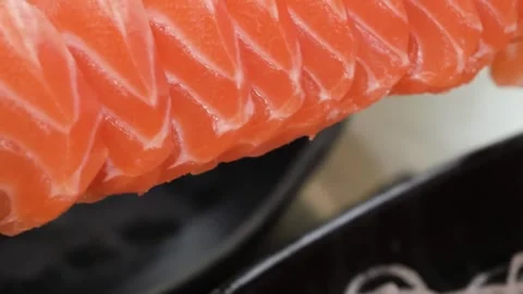 Macro View of Fresh Salmon Sashimi Fillet Slices Arranged on Black Plate Stock Footage 333600273