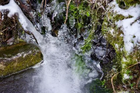 Macro view of frozen forest stream with moss covered and snow-covered stones Stock Photos