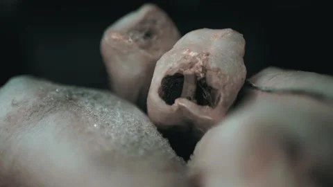 Macro View Of Frozen Headless Hake Fish Carcasses Covered In Ice Crystals 库存影片 330301287