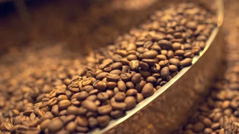 Macro view of full of freshly roasted beans roastery machine hull Vídeos de archivo 170696893