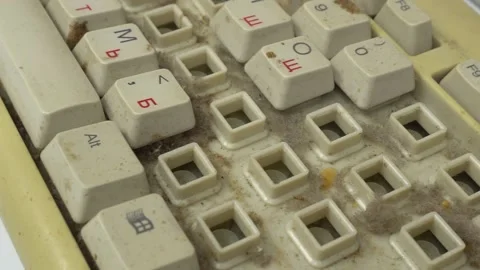 Macro view. Garbage concept. Dolly shooting. Old computer keyboard with dirty 스톡 동영상 144913902