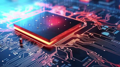 Macro view of glowing electronic cpu processor chip on dark circuit board. Stock Footage 344997254