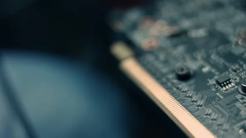 Macro view of a GPU Graphic card. Details of GPU graphic card. PCI slot X16. 4K Stock Footage 145775859