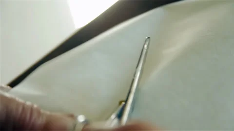 Macro View of Grandfather Hand Using Vintage Scissors for Craft Workshop - 4K Stock Footage 335475378