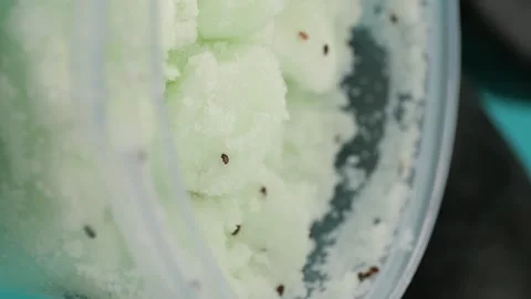 Macro view of green avocado body scrub with seeds inside plastic container .. 스톡 동영상 331725691
