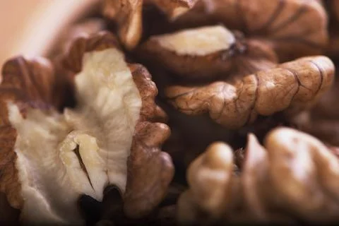 Macro view of group of large dried ukranian russian peeled Walnut kernels Stock Photos