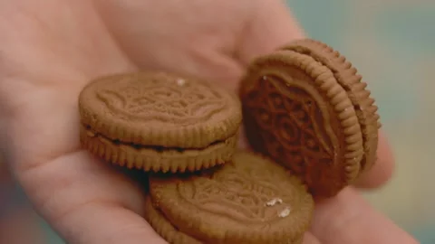 Macro view of a hand holding chocolate biscuits and a small child's hand taking Stock Footage 251722378