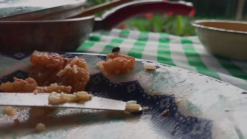 Macro view of housefly on leftover food scraps on dirty plate with knife Stock Footage 329156142