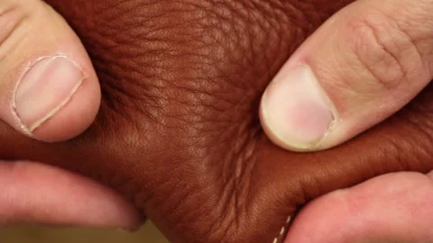 Macro view human fingers check quality brown or red natural smooth matt leather Video stock 145535796