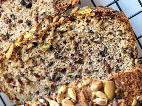 Macro View Of Keto Bread Crumb Filled With Seeds Stock Photos