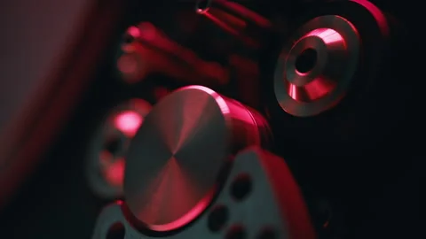 Macro view knobs reel-to-reel recorder in dark room. Classic tape machine Stock-Footage 332621031