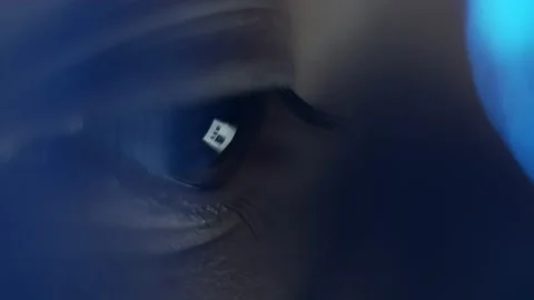 Macro view of laptop screen reflection in brown human eye. Surfing internet Video stock 157017834