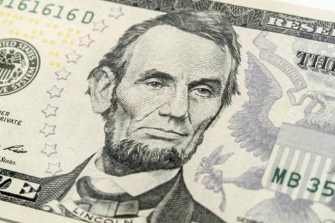 Macro View of Lincoln on the Five Dollar Bill Stock Photos