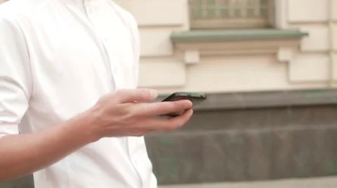 Macro view man hands switch smart phone off and on. Using smartphone happy Stock Footage 66456670